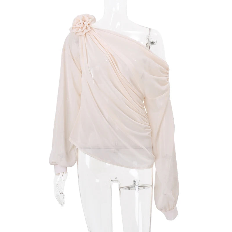 WhereMery Sexy Irregular Oblique-neck Flower Applique T Shirt Summer Off Shoulder Fashion Long Sleeve Crop Tops Street Mesh Tees