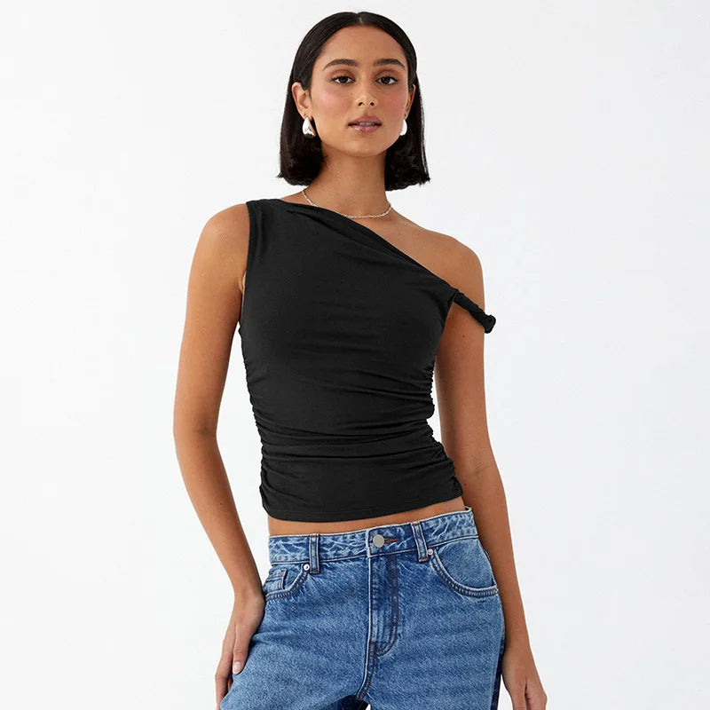 Simple Basic Casual Summer Tank Top Sleeveless Solid Color Off Shoulder Side Ruched Crop Tops Vestidos Spring Women T S