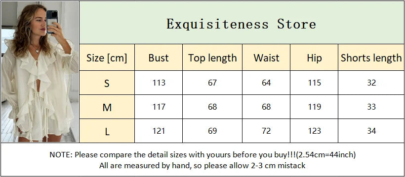 Fashion Solid Women 2 Piece Set Casual Flare Sleeve Lotus Leaf Edge Lace Up Mesh Sheer Shorts Suit 2025 New Lady Commute Outfit