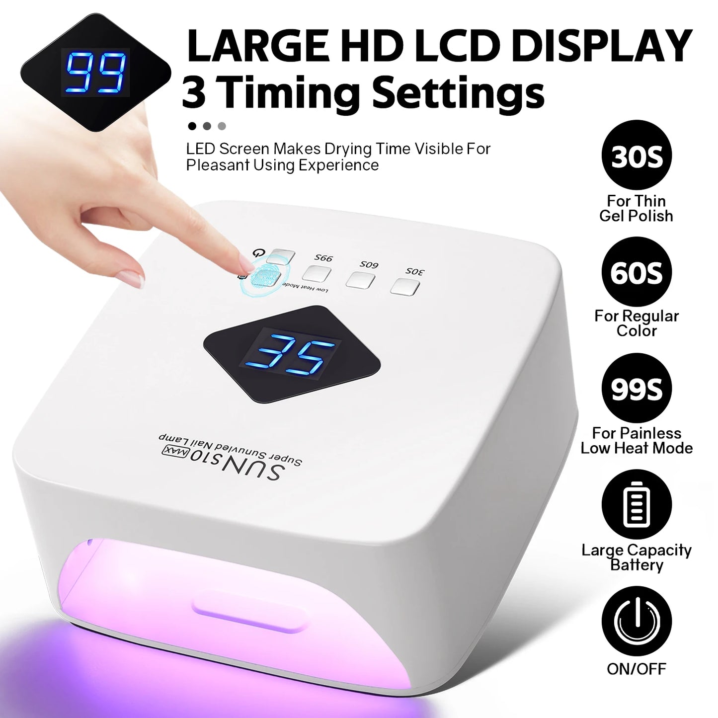 120W UV LED Nail Lamp Professional 30 LEDs Nail Dryer with 3 Timer Settings Rechargeable Manicure Lamp for Curing All Nails Gel