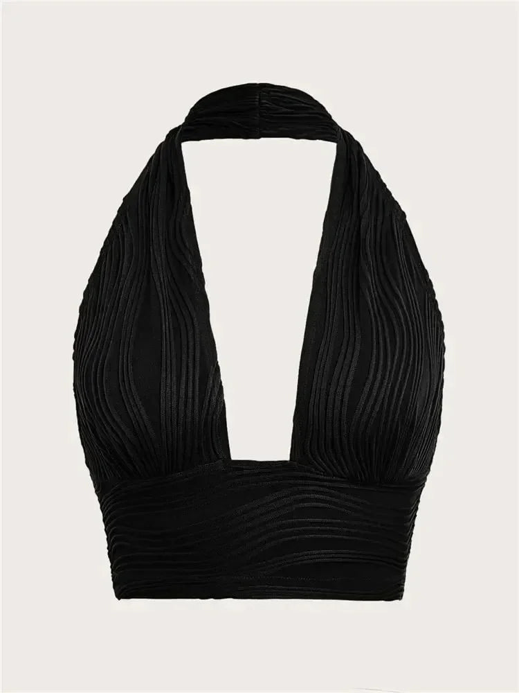Solid White Backless Crop Halter Top Women Summer Y2K Club Grunge Clothes Deep V-neck Backless Sleeveless Tank Top Streetwear