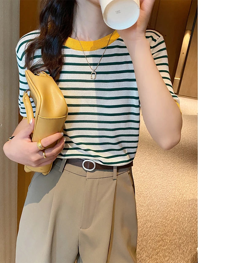 2025 Stripe Tops Women Knitted Round Collar Summer Print Short Sleeve Casual Simple Wild T-Shirt
