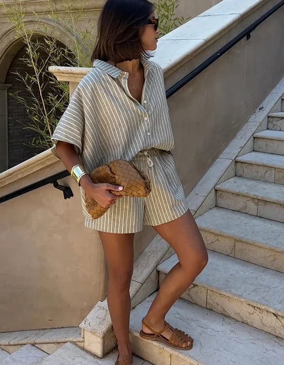 Women Elegant Stripes Cotton Linen Loose Shirt Shorts Suits Fashion Lapel Half Sleeves Elastic Waisted Shorts Summer Lady Outfit
