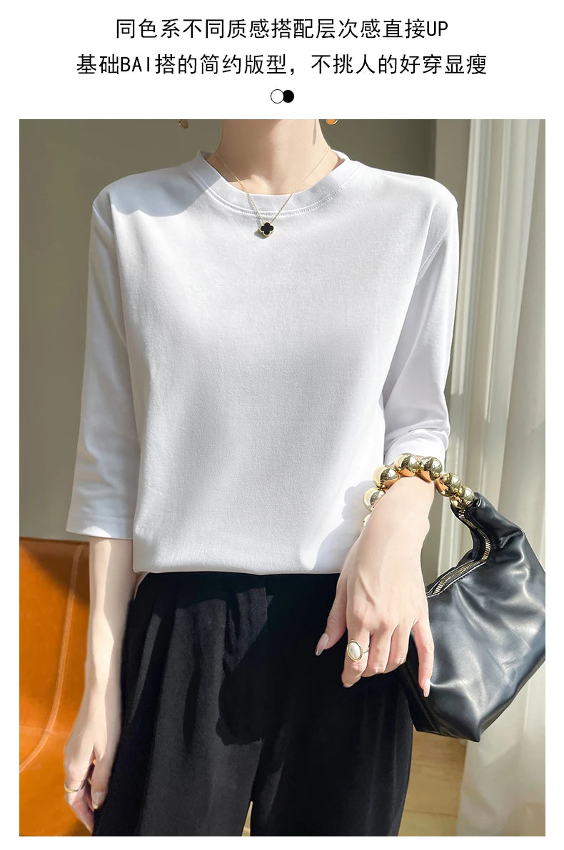 Spring And Summer New White Mercerized Cotton Short Sleeve T-Shirt Feminine Joker Cotton Cropped Sleeve Bottoming Shirt