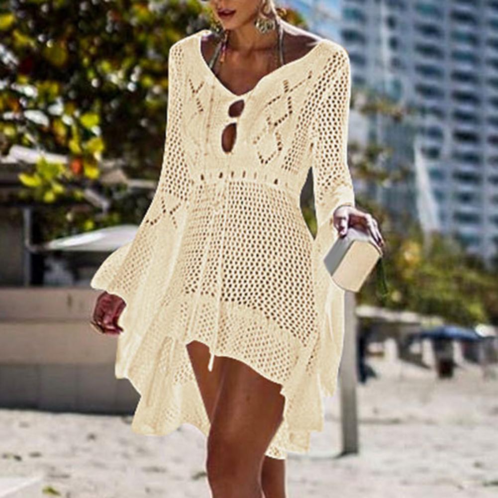 Sexy Women’s Bathing Suit Beach Cover Up Hollow Out Knitted Women Flared Sleeves Solid Color Beach Dress saida de praia