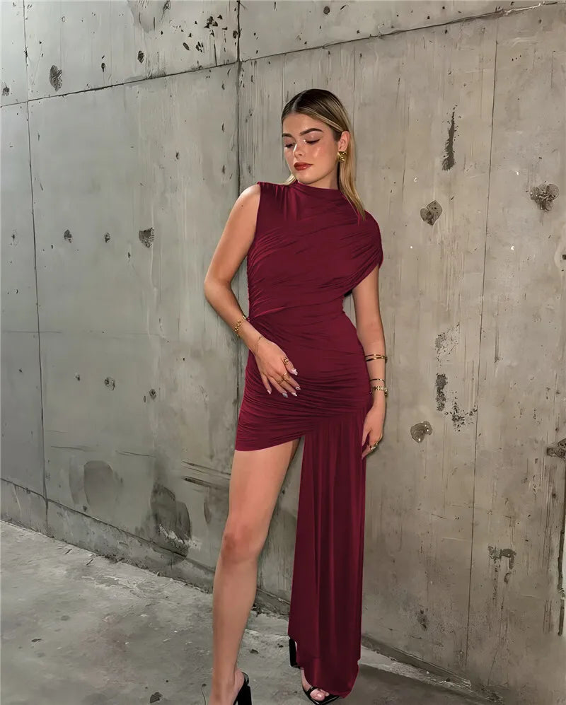 Balitops Summer Draped Ruched Sexy Mini Dress Women 2025 New Irregular High Waist Slim Fit Dress Female Elegant Club Tank Dress