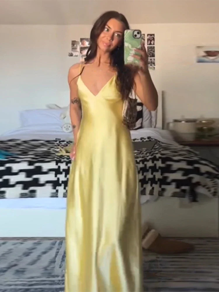 Yellow Elegant Stain Women's Sling Dress Sexy Backless Sleeveless V Neck High Waist Evening Gown Summer Chic Lady Partywear 2025