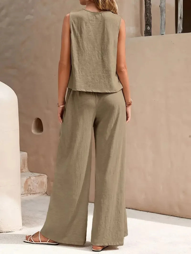 QX Womens Sleeveless Summer 2025 Pants Suit Flash Sale Solid Color Elegant Two Piece Round Neck Suit