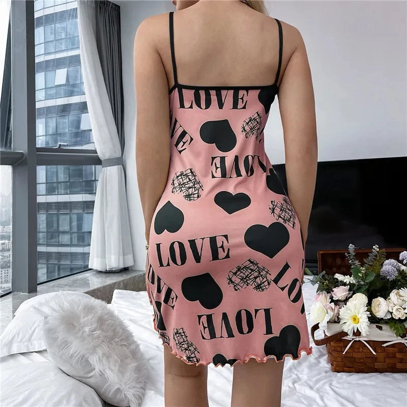 Summer New Women's Nightgown Beauty Back Thin Section Of Home Wear Sexy Halter Short Skirt Love Cartoon Cute Printing Pajamas