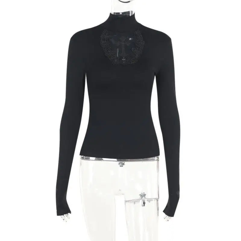Turtleneck Top Y2k Clothes Black Gothic Cross Hollow Slimming Bottom T Shirt for Women Long Sleeve Sexy T-shirt Girls Tops