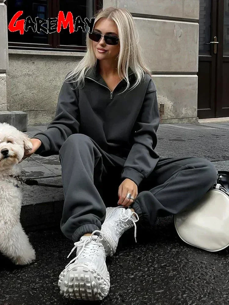 Autumn Women's Tracksuit with Zipper Cotton Oversize White Casual Two Piece Set Women Classic Sports Trouser Suits for Women