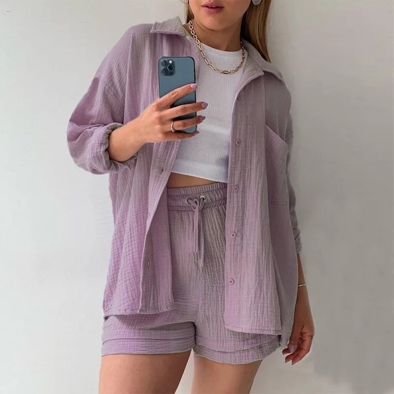 Solid Color Casual Loose Short Pants Sets For Women 2025 Elegant Summer Women's Two Pieces Suit Full Set Female Outfit Clothes