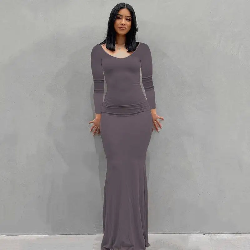 2025 Autumn Long Sleeve Dresses For Women Sexy V Neck Bodycon Solid Elegant Long Dress Y2k Skinny Trumpet Maxi Vestidos