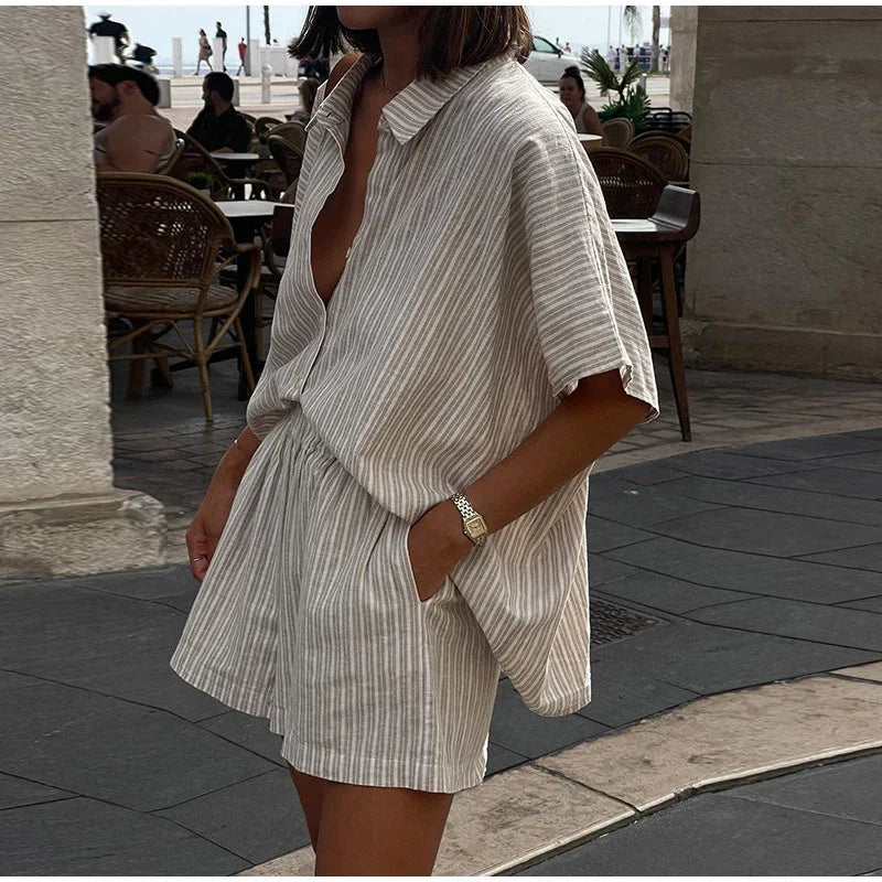 Women Fashion Stripe Print Lace-up Shorts Set Oversized Lapel Short Sleeve Single Breasted Shirts Suit Lady Casual Street Outfit