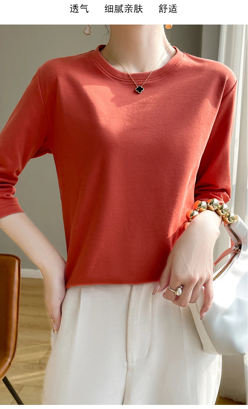 Spring And Summer New White Mercerized Cotton Short Sleeve T-Shirt Feminine Joker Cotton Cropped Sleeve Bottoming Shirt