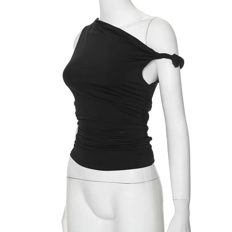 Simple Basic Casual Summer Tank Top Sleeveless Solid Color Off Shoulder Side Ruched Crop Tops Vestidos Spring Women T S