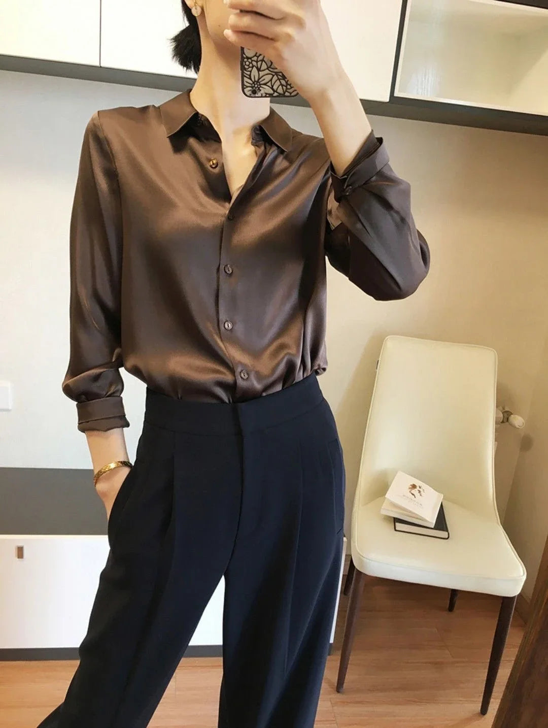 Silk Brown Clothes Wear To Work Office Outfits Long Sleeve Purple Spring Formal Tops for Women Satin Womens Shirt & Blouse Cool