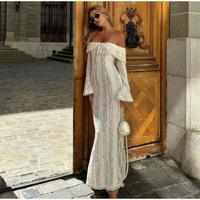 Elegant Cut Out Flared Long Sleeve Maxi Dress Women's Lace Up Hollow Out Off Shoulder Bodycon Vestidos 2025 Lady Outwear Vestido