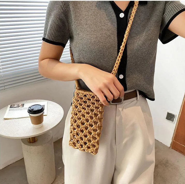 Women Fashion Small Crossbody Phone Bag Solid Color Hollow-out Woven Crochet Lightweight Braided Shoulder Handbag Crossbody Bags
