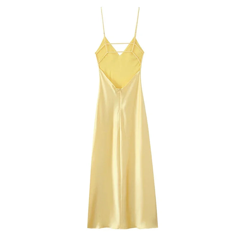 Yellow Elegant Stain Women's Sling Dress Sexy Backless Sleeveless V Neck High Waist Evening Gown Summer Chic Lady Partywear 2025