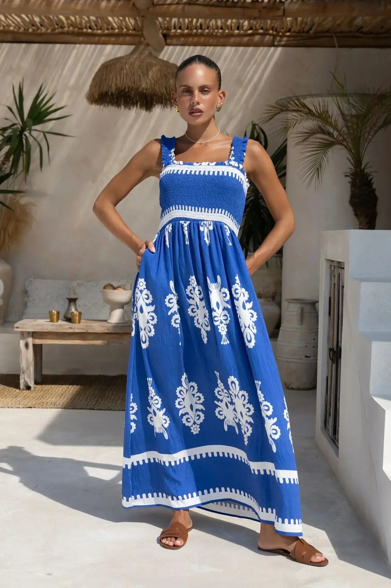 2025 Summer Fashion New Women's Bohemian Style Dress Beach Vacation Printed Strap Fold A-line Length Dress