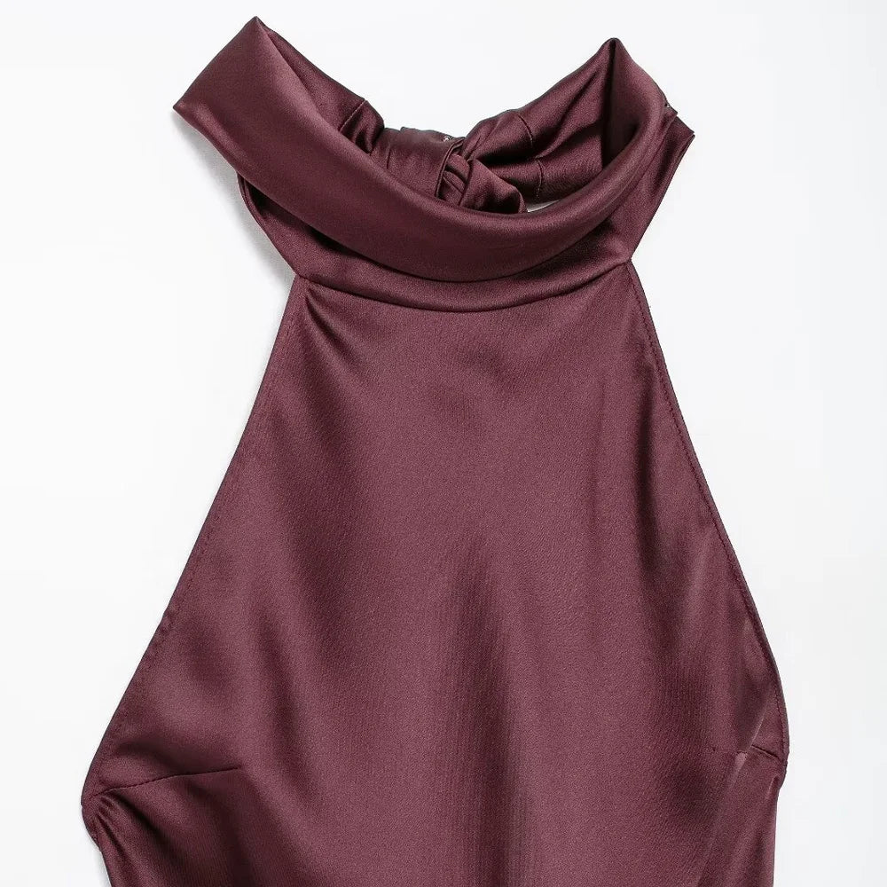 TRZA-Women's Long Satin Halter Dress, Backless, Bow Tied, Back Zipper, Female Dresses, Sexy Fashion