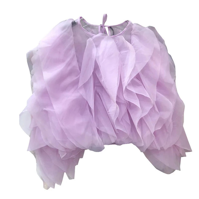 TWOTWINSTYLE Vintage Patchwork Ruffle Shirt For Women O Neck Lantern Long Sleeve Solid Elegant Blouse Female Fashion New Style