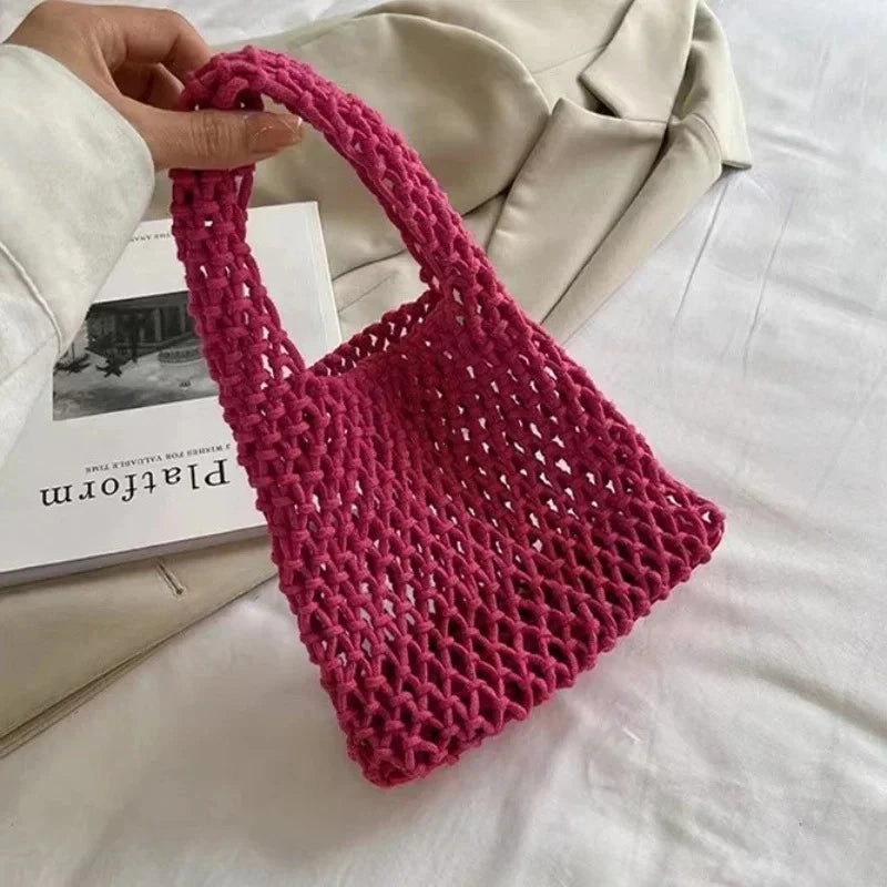 Women Fashion Small Crossbody Phone Bag Solid Color Hollow-out Woven Crochet Lightweight Braided Shoulder Handbag Crossbody Bags