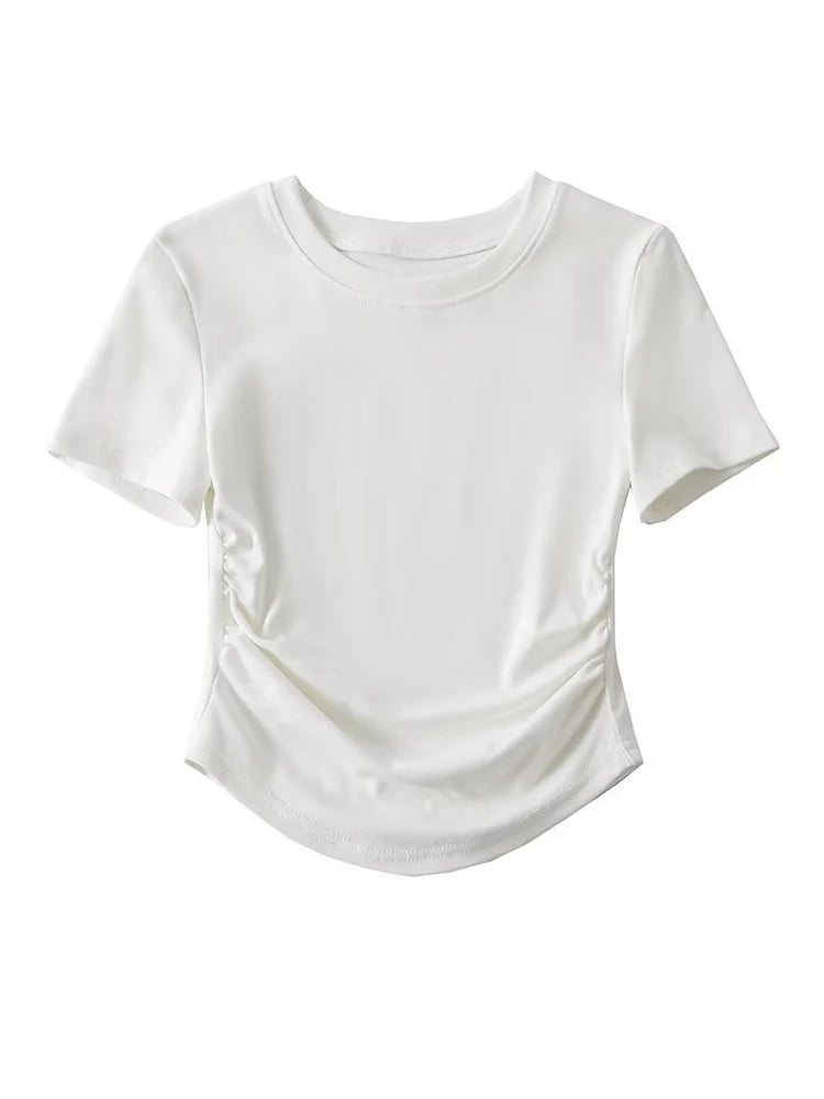 2024 Harajuku Women Crew Neck Short Sleeve Cotton Tee With Ruched Sides Detail T-shirts