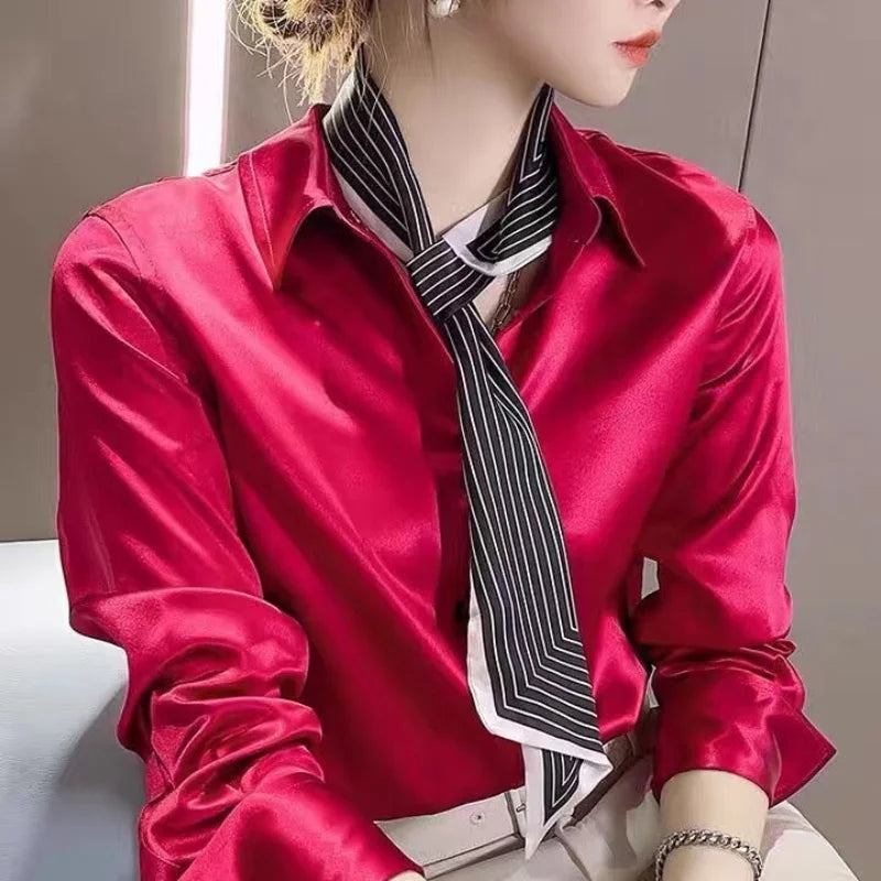 Solid Color Elegant Office Lady's Satin Shirt All-Match Trendy Women Shirts And Blouses Basic Chic Top Autumn French Chic Shirt