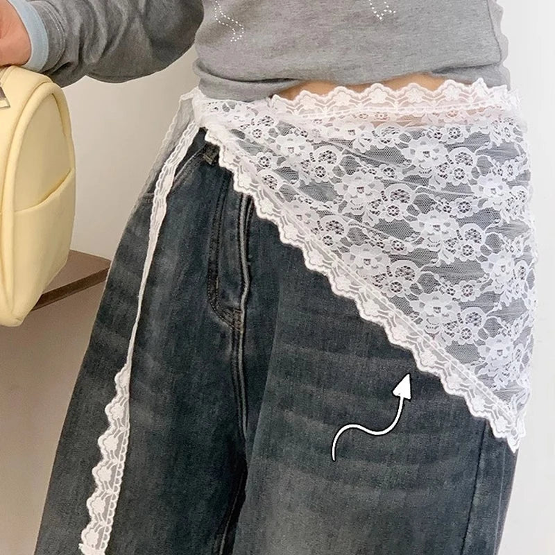2 in 1 Triangle Short Skirt Half Skirt Butt Curtain Skirt Lace Trim Apron Soft Lace Stacked Ins Style Korean Spring Headscarf