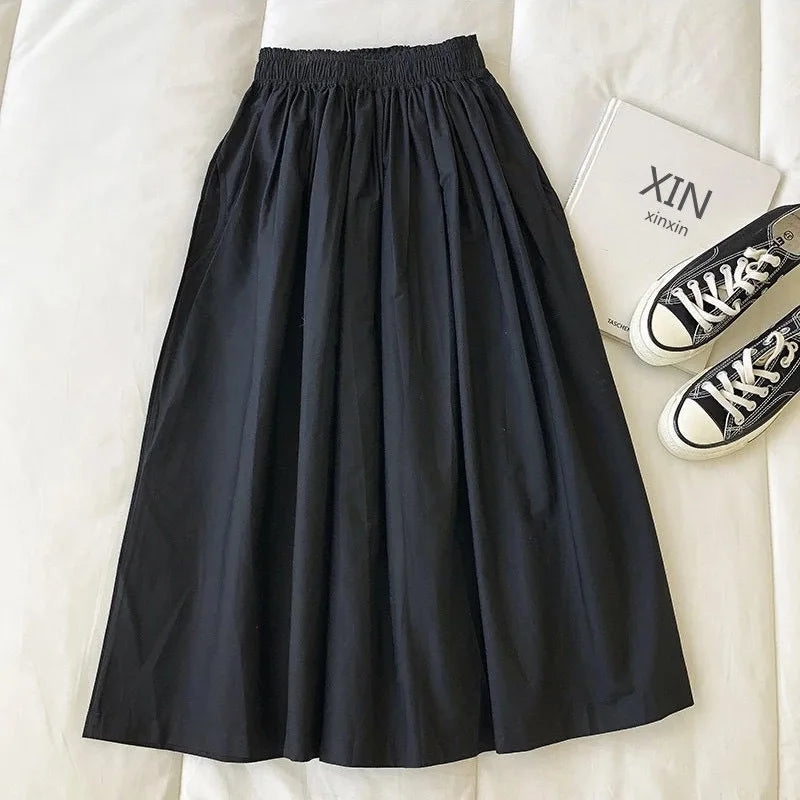 Women White Long Skirt Fashion Pockets Pleated Knee Length Skirts Autumn 2024 New Casual Elegant High Waist A Line Femme Skirts