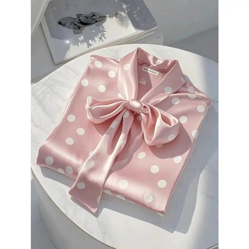 Women High Quality Satin Polka Dot Print Shirt Office Lady Business Casual Elegant Chic Blouse Lace-up Bow Long Sleeve Loose Top