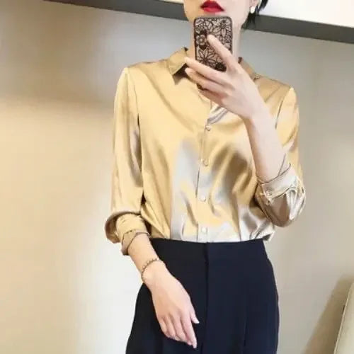Silk Brown Clothes Wear To Work Office Outfits Long Sleeve Purple Spring Formal Tops for Women Satin Womens Shirt & Blouse Cool