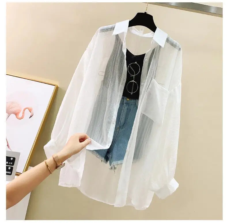 Summer sunscreen chiffon blouse Korean Harajuku style loose casual women's cardigan elegantly perforated top sheer fashionable