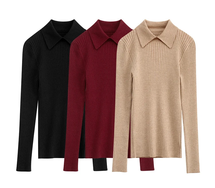 Amii Minimalism 2024 Sweater for Women Autumn New Office Lady Basic Lapel Striped Slim Knitted Tops Solid Trendy Blouse 12444058