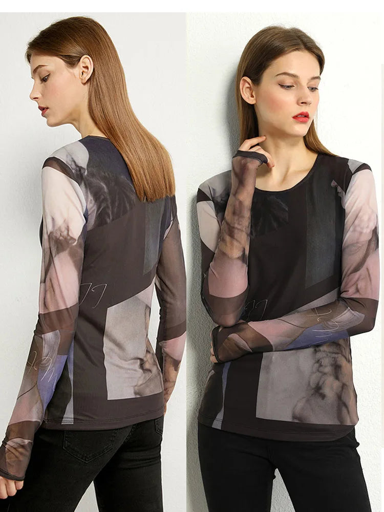 AMII Minimalism Long sleeve T-shirts for Women 2025 Spring New Bottoming Shirt Mesh Printing Inside Slim Trendy Tops 12421003