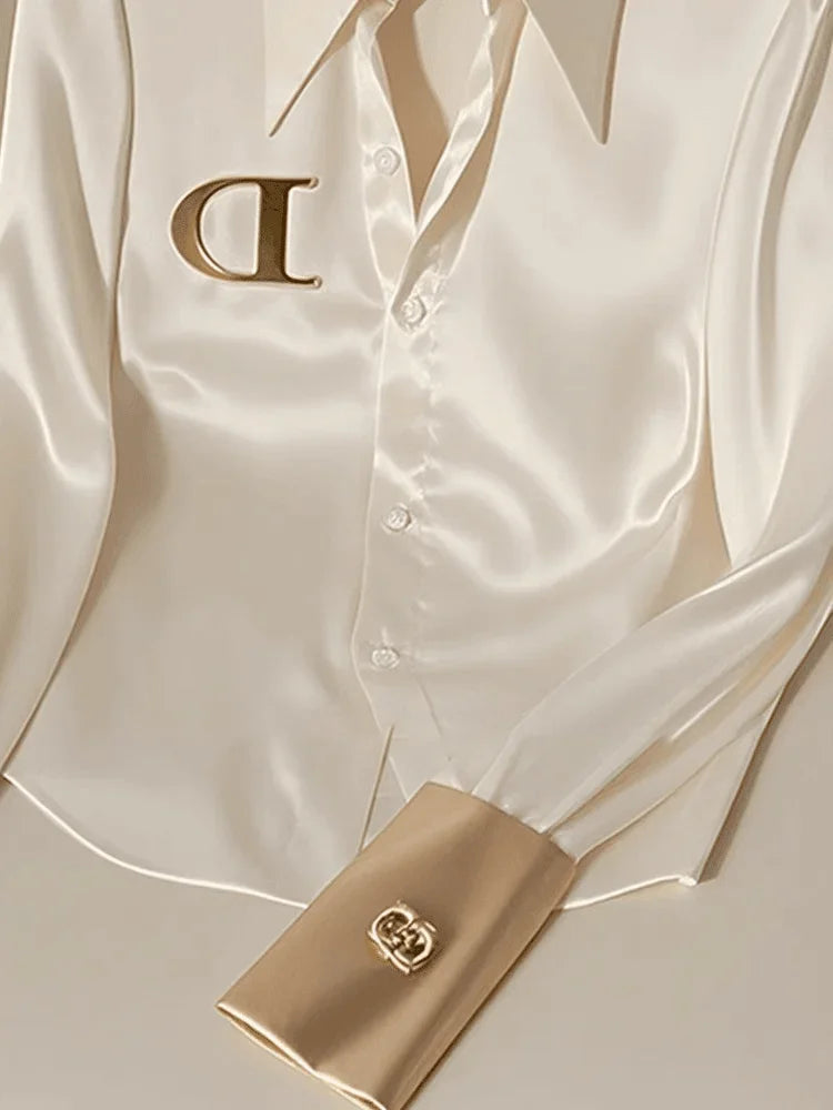 Elegant French Women's Pink/White Satin Shirt Turn-down Collar Long Sleeve Blouse Spring Autumn for Women Casual Office Lady New