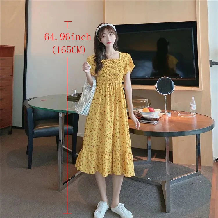 2025 New Spring Summer Dress Women Mini Dresses Female Short Sleeve Elastic Bust Printed Floral Pleated Backless Casual Dress