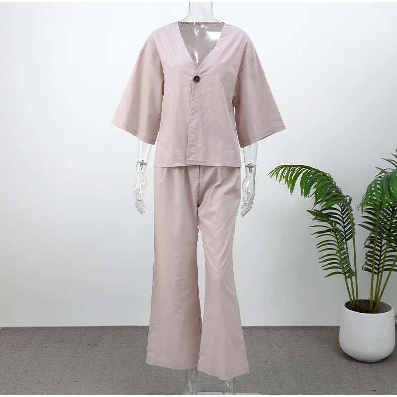 Women Classic Solid Wide Leg Pants Suits Summer Fashion V-neck One Button Loose Blouse Sets Casual Female Daily Streetwear 2025