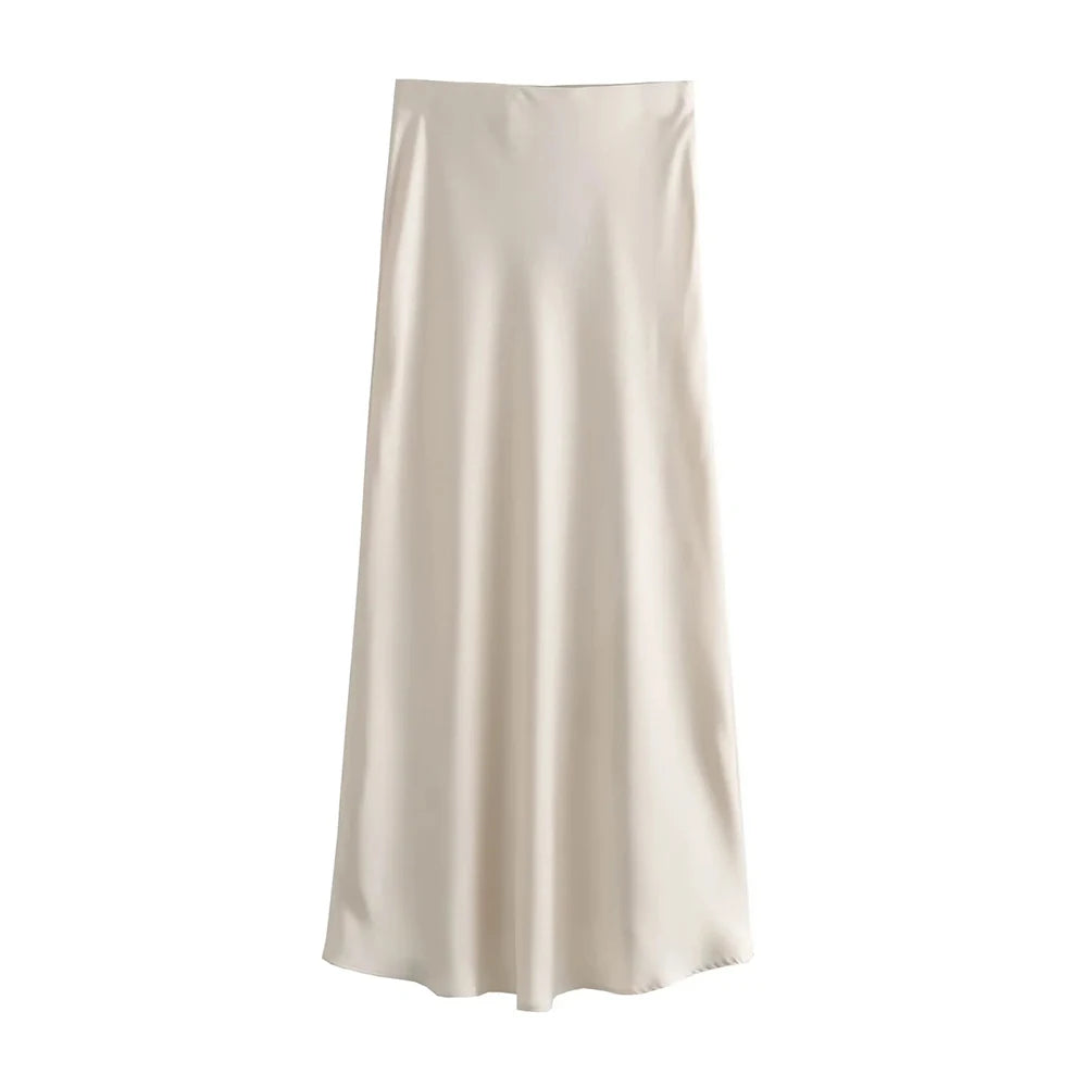 TRZA Women's Soft Touch Silk-Like Midi Skirt High Waist Elastic Waistband Chic Fashion Female Skirts Elegant Mujer