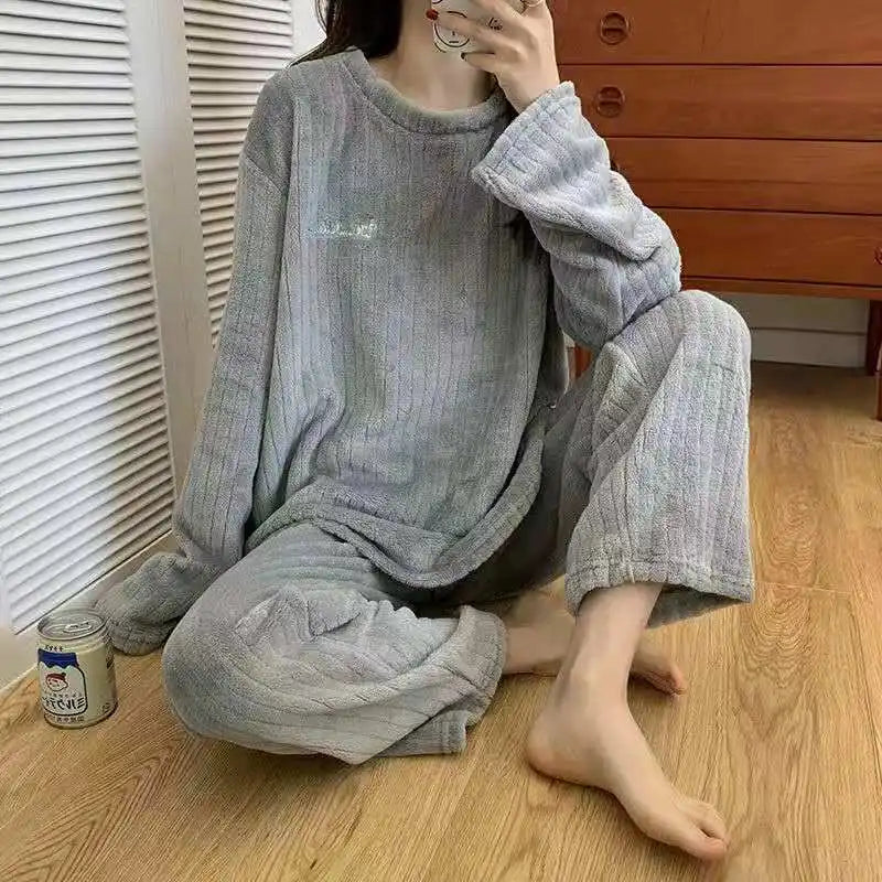 Autumn Women Solid Warm 1/2 Piece Sets Thicken Velvet Ribbed Fleece Set Pullover And Pants Women Casual Pajama Sets 2025