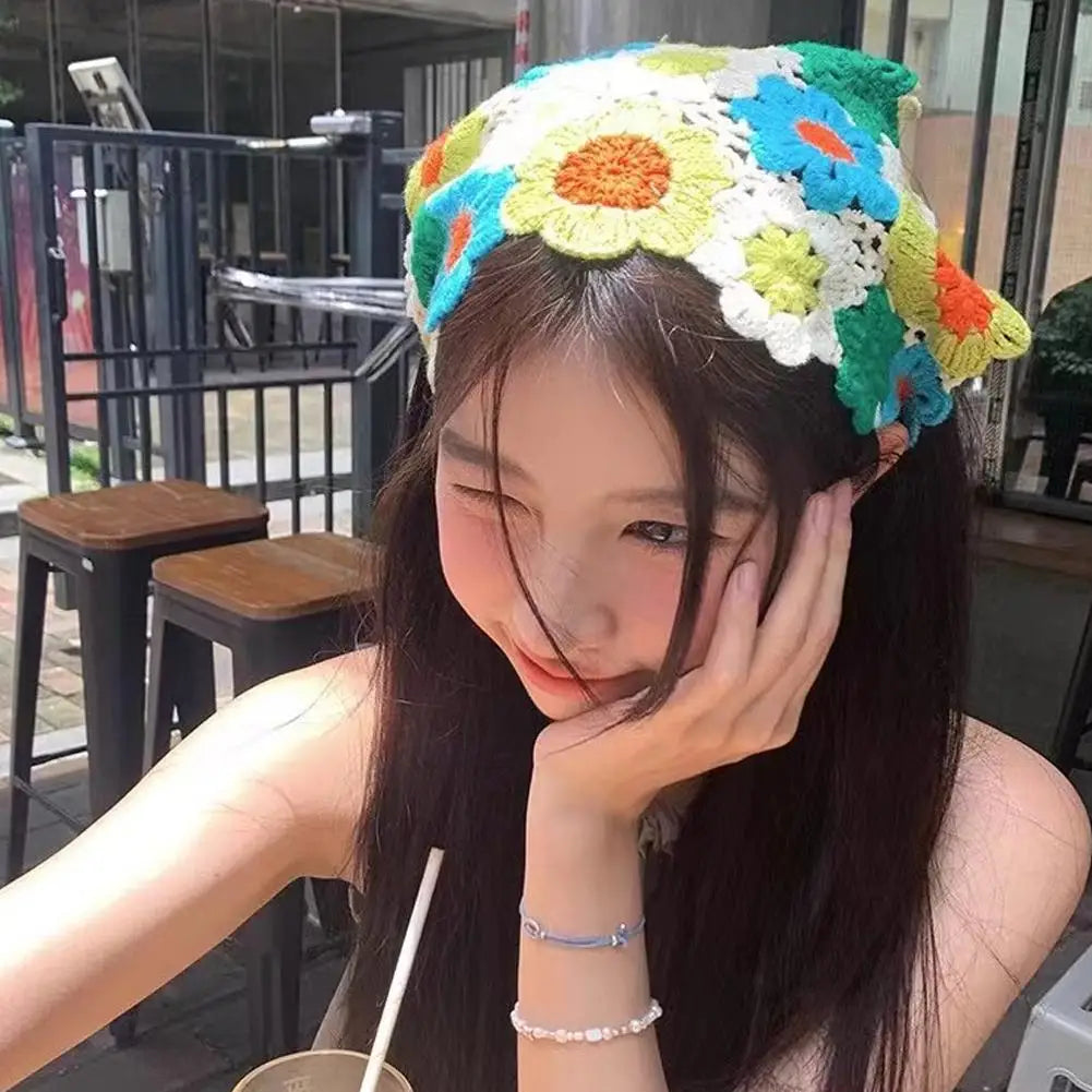 Korean Sweet Cute Handmade Crochet Hollow Triangle Headband Towel Women Spring and Summer Travel Literary Photo Hair Scarf