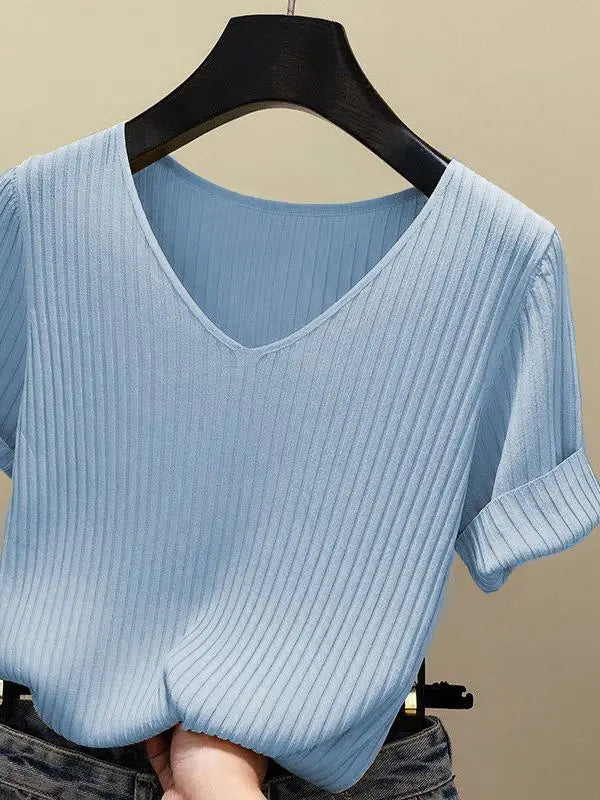 Knitted short sleeve Women V-Neck T Shirts 2025 Blue Slim Black thin knit Orange Tops Ladies Summer Camiseta Summer T shirts