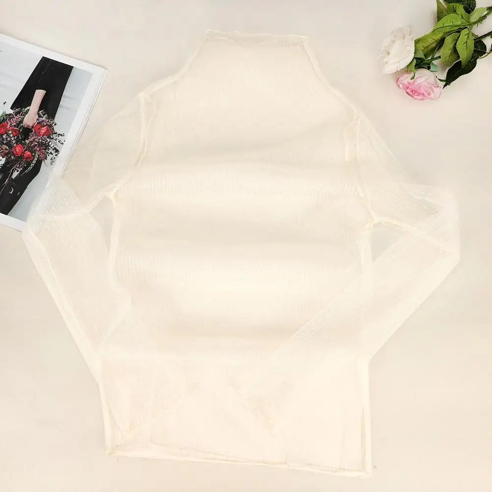 Sexy Women Mesh T-Shirts See-Through Perspective Tshirt Sunscreen Tops Long Sleeve Bottoming Shirts Club Party Black Tee Shirts