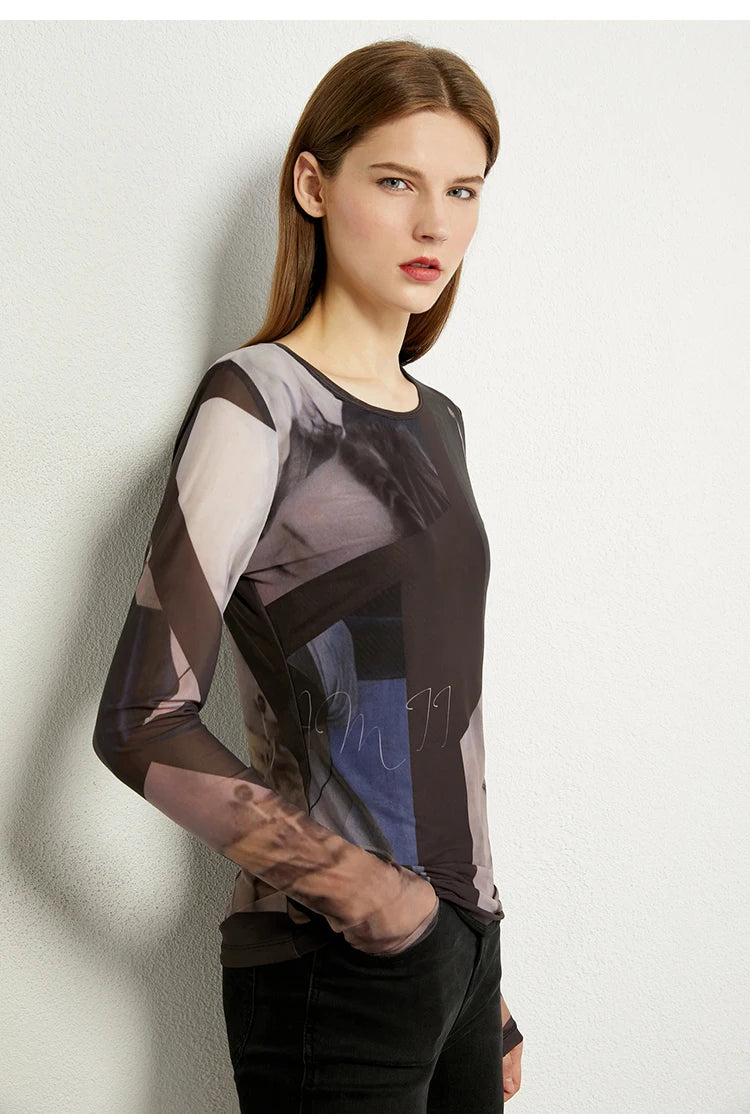 AMII Minimalism Long sleeve T-shirts for Women 2025 Spring New Bottoming Shirt Mesh Printing Inside Slim Trendy Tops 12421003
