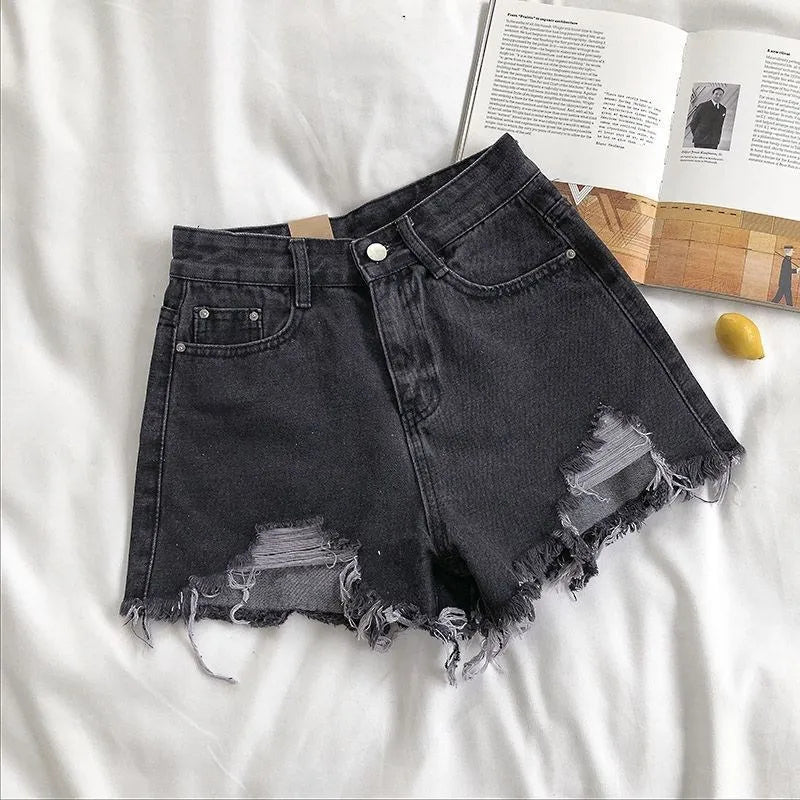 Y2K Vintage Tassel Denim Shorts Fashion Women High Waist Ripped Pocket Korean Jeans Casual Streetwear Blue Solid Hot Trousers