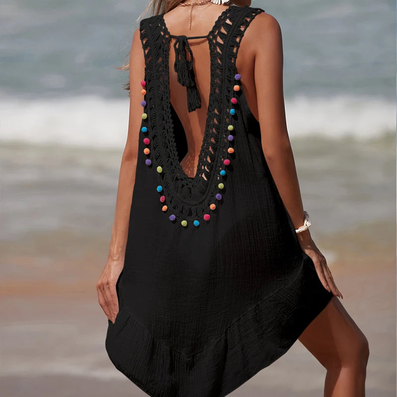 Women V-Neck Backless Hollow Out Short Dress Crochet Splicing Wooden Ear Dress With Colored Balls Beach Swimsuit Cover Up