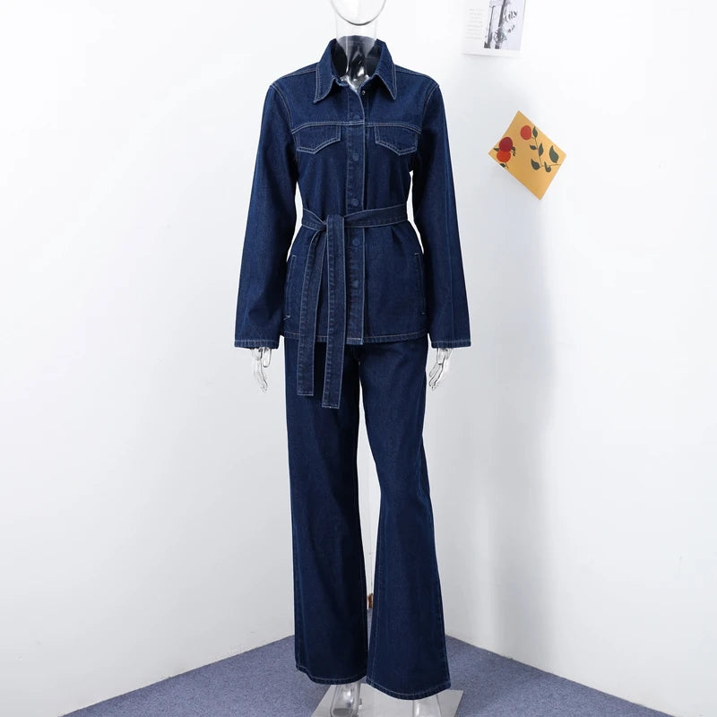 Women Two Pieces Set Denim Pant Sets Single Breasted Long Sleeve Belt Coat Wide Leg Trousers Jeans Female 2 Pieces Outfits