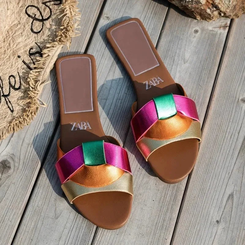 Flat Slippers Casual Shoes Woman 2025 Trend Luxury Summer Elegant Dresses Sandals Beach Designer House Round Toe Brand Bathroom